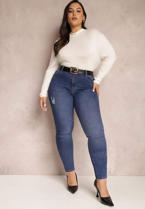 Granatowe Jeansy Skinny z Drobnymi Przetarciami Dare 4