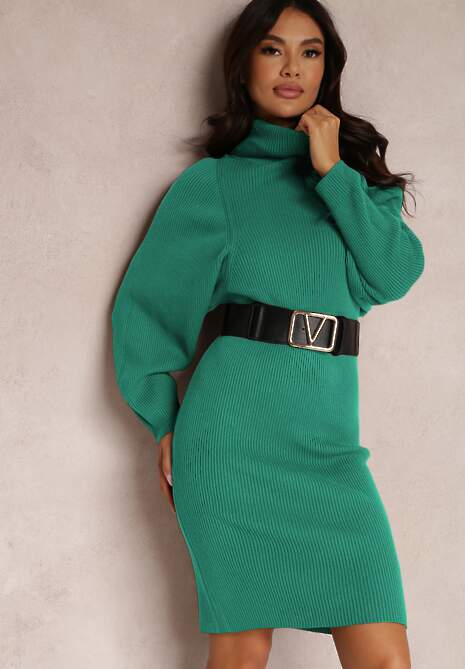 Zielona Sukienka Dzianinowa Prążkowana z Golfem Nemiche