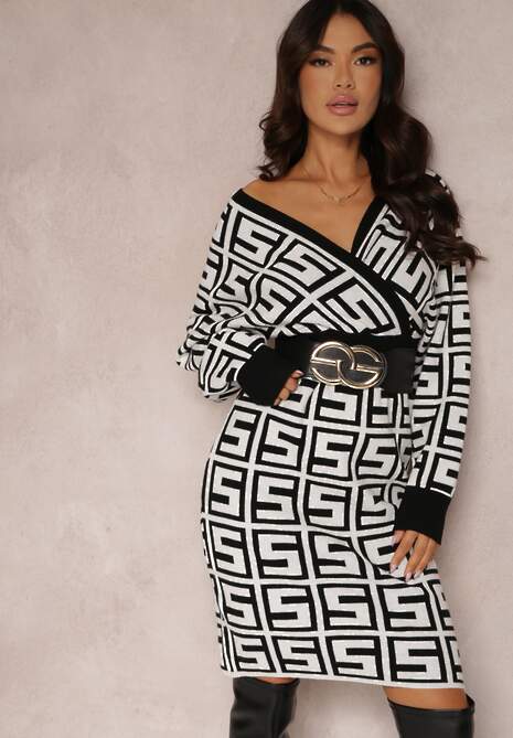 Rochie Albă Lână Model Geometric Hamu 4