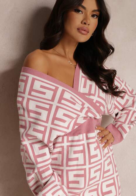 Rochie roz din lână cu model geometric Hamu 5