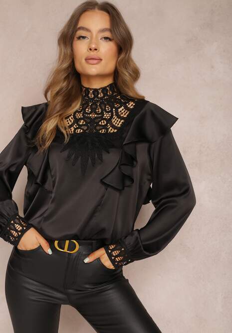 Bluza neagră cu volane și guler dantelat Azuva 4