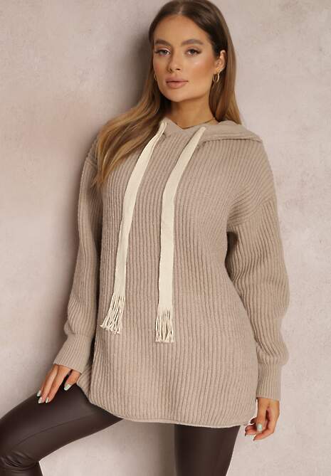 Ciemnobeżowy Sweter Oversize z Kapturem Ukuroa 4