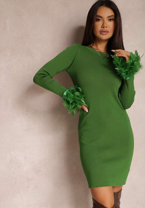 Zielona Sukienka Dzianinowa z Piórami Selam