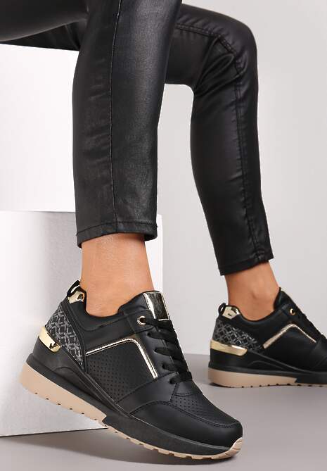Czarne Sneakersy na Koturnie z Metalicznymi Wstawkami Cishe