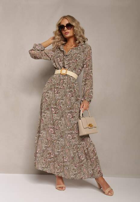 Rochie verde deschis cu volan la decolteu în model ornamental Mana 5