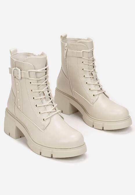 Beżowe Botki Workery na Kwadratowym Obcasie z Klamerką Fella 4