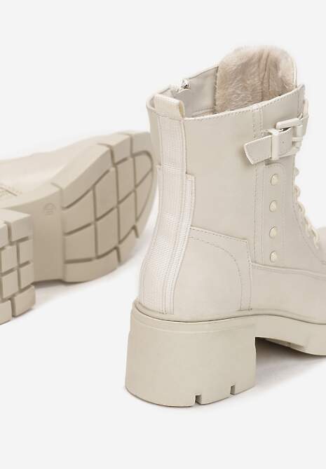 Beżowe Botki Workery na Kwadratowym Obcasie z Klamerką Fella 5