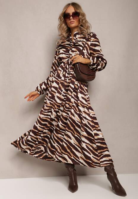 Brązowo-Beżowa Sukienka Rozkloszowana w Tygrysie Paski Cazoni