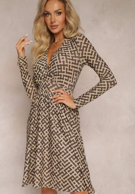Rochie Bej-Mar Maro cu Model Geometric și Fir Metalic Mairol 4