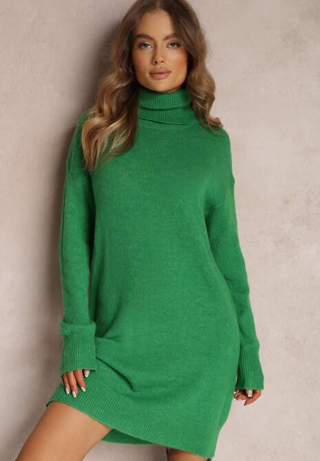Zielona Sukienka Wełniana Oversize z Golfem Revite
