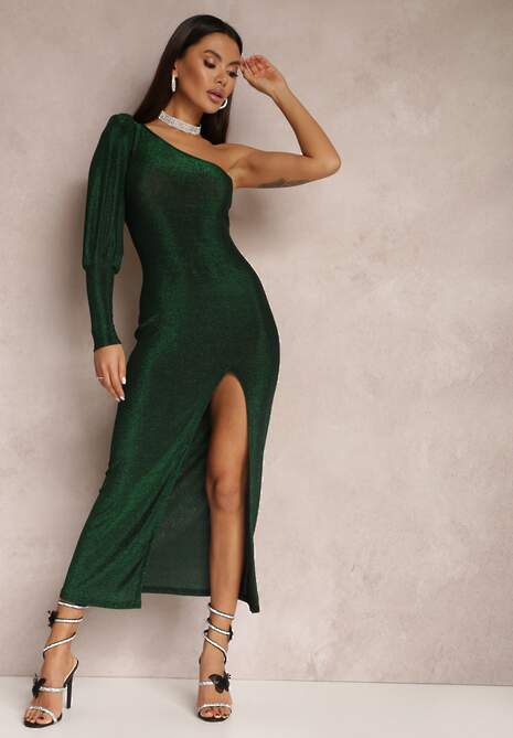 Zielona Sukienka Asymetryczna z Rozcięciem na Dole Denea
