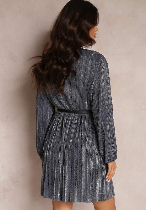 Granatowa Sukienka Metaliczna Plisowana z Paskiem Fonelle 4