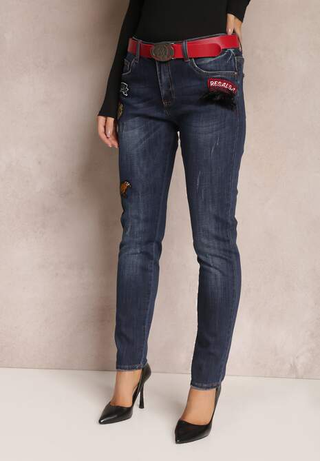 Granatowe Jeansy z Paskiem o Fasonie Boyfriend Celatha 4