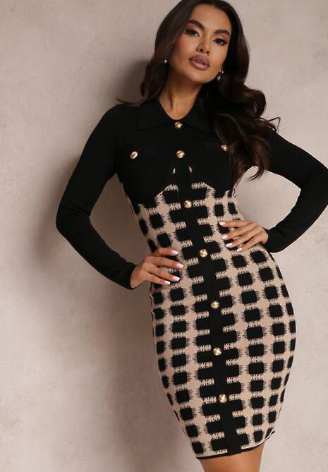 Czarno-Beżowa Sukienka Sweterkowa Dopasowana z Guzikami Odliale 4