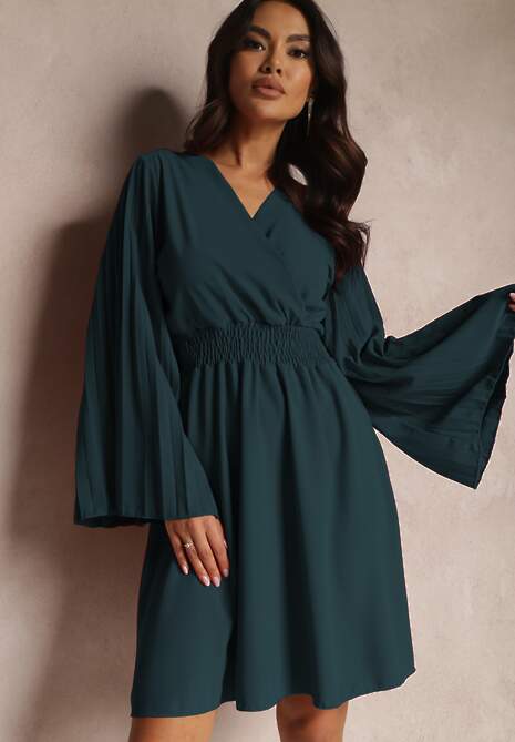 Rochie Verde Închis cu Mâneci Plisate Clopot