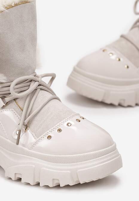 Beżowe Śniegowce Sznurowane z Futerkiem Vodhi 5