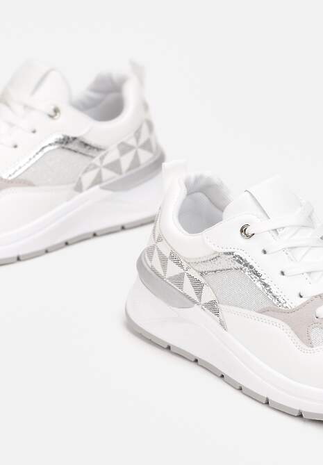 Białe Sneakersy z Brokatem i Wstawkami Pinra 5