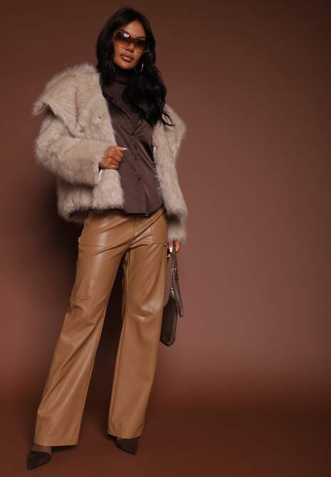 Ciemnobeżowe Spodnie z Imitacji Skóry Szerokie Narash 7