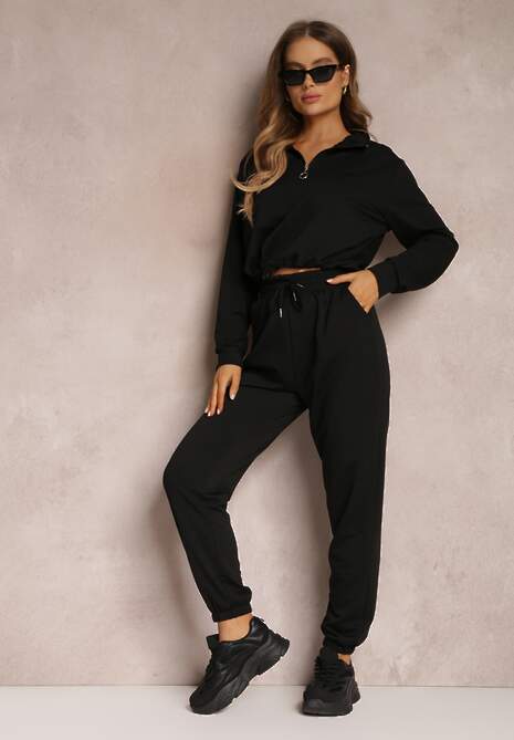 Czarny 2-częściowy Komplet Dresowy ze Spodniami i Bluzą Erassi