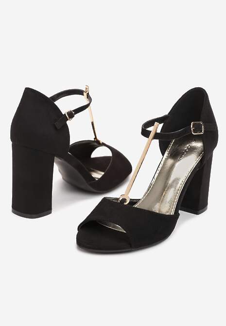 Czarno-Złote Sandały na Słupku ze Sprzączką i Metalową Ozdobą Kela 4