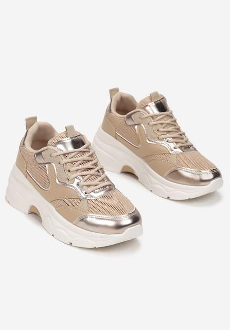Ciemnobeżowe Sneakersy Sznurowane z Metalicznymi Wstawkami Gearis 4