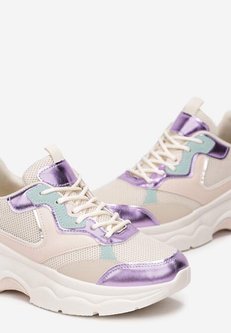 Beżowo-Fioletowe Sneakersy Sznurowane z Metalicznymi Wstawkami Gearis 5