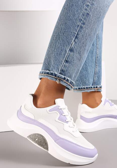Biało-Fioletowe Sneakersy Przed Kostkę na Platformie Zdobionej Cyrkoniami Temam