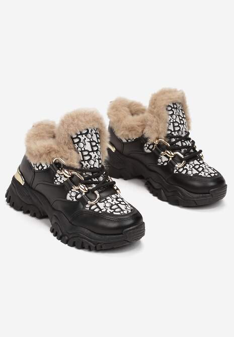 Czarne Sneakersy Sznurowane z Futerkiem i Metalicznymi Wstawkami Saffrin 4