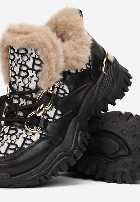 Czarne Sneakersy Sznurowane z Futerkiem i Metalicznymi Wstawkami Saffrin 5