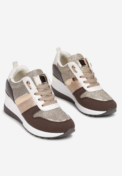 Szampańskie Sznurowane Sneakersy z Ozdobnymi Wstawkami i Koturnem Zharo 4