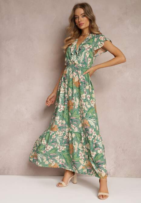 Zielona Sukienka z Wiskozy Maxi w Kwiaty Mahiza