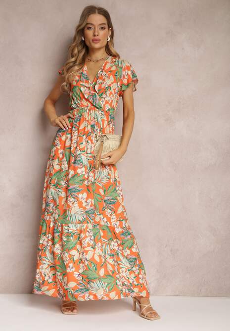 Pomarańczowa Sukienka z Wiskozy Maxi w Kwiaty Mahiza