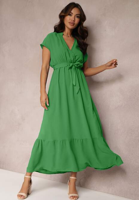 Zielona Kopertowa Sukienka z Gumką w Talii i Wiązaniem Mylelse