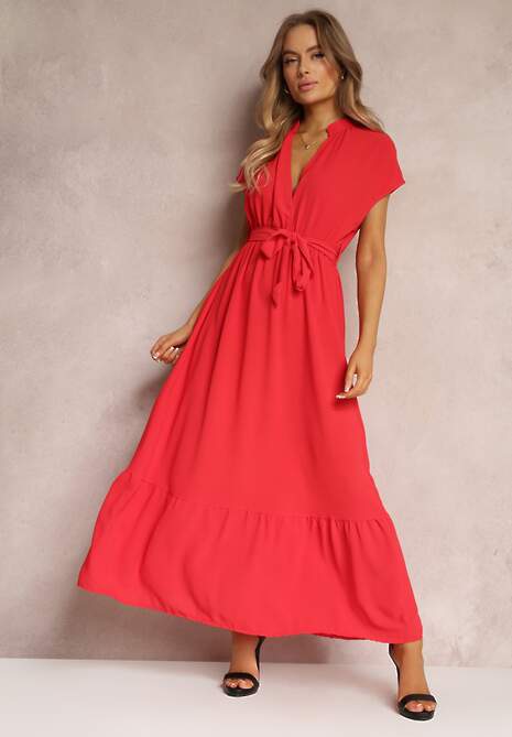 Czerwona Kopertowa Sukienka z Gumką w Talii i Wiązaniem Mylelse
