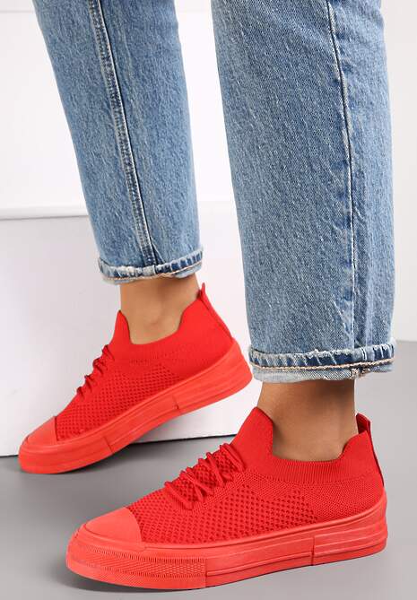 Czerwone Wsuwane Buty Sportowe z Wiązaniem na Płaskiej Podeszwie Rossorae
