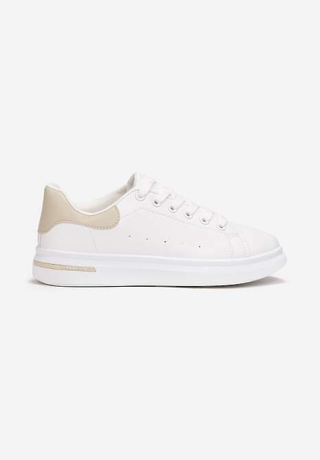 Biało-Beżowe Wiązane Sneakersy na Płaskiej Podeszwie z Modną Wstawką Zanelih 4