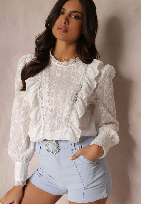 Biała Koronkowa Bluzka z Falbankami i Metaliczną Nitką Otha