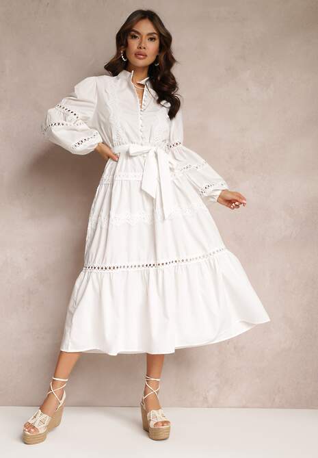 Biała Sukienka Midi z Guzikami i Koronkami Feralo