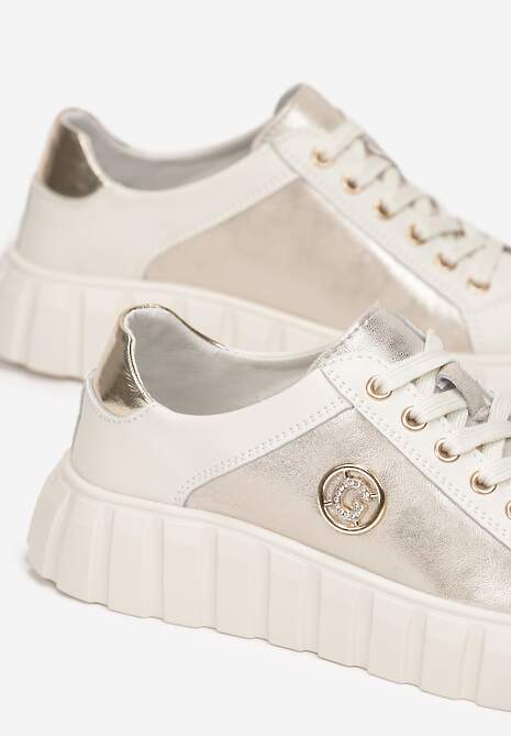 Beżowo-Złote Sznurowane Sneakersy ze Skóry Breana 5