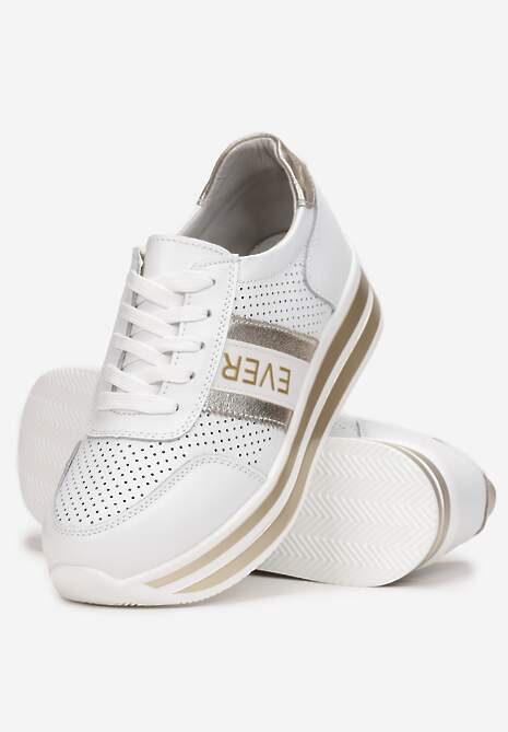 Biało-Złote Skórzane Sneakersy z Metaliczną Wstawką Cesmeh 4