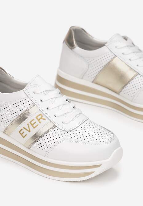 Biało-Złote Skórzane Sneakersy z Metaliczną Wstawką Cesmeh 5