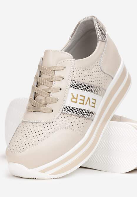 Beżowo-Złote Skórzane Sneakersy z Metaliczną Wstawką Cesmeh 5