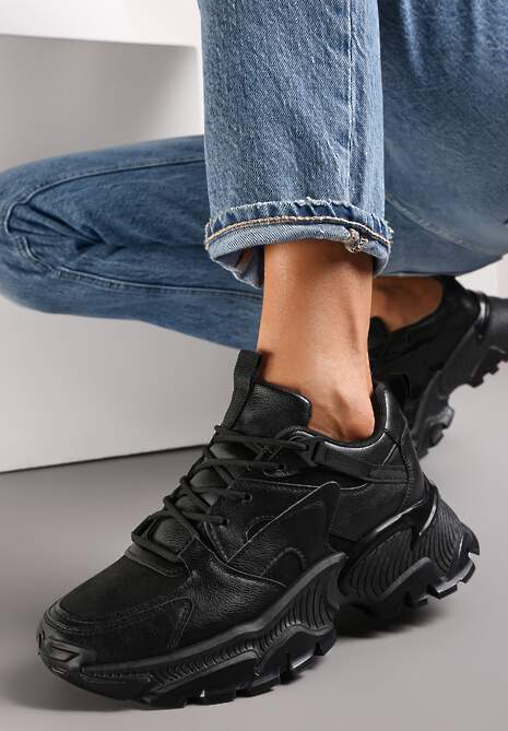 Czarne Sznurowane Sneakersy na Grubej Podeszwie ze Żłobieniami Cezde