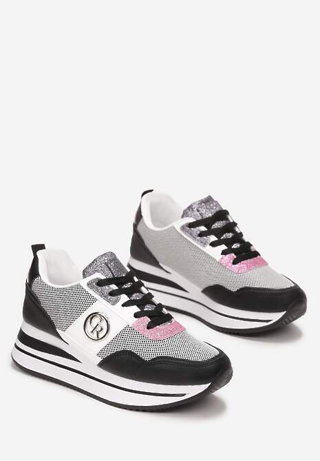 Czarne Sneakersy na Niskiej Platformie Zdobione Brokatem Efinas 4