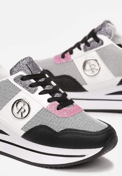 Czarne Sneakersy na Niskiej Platformie Zdobione Brokatem Efinas 5