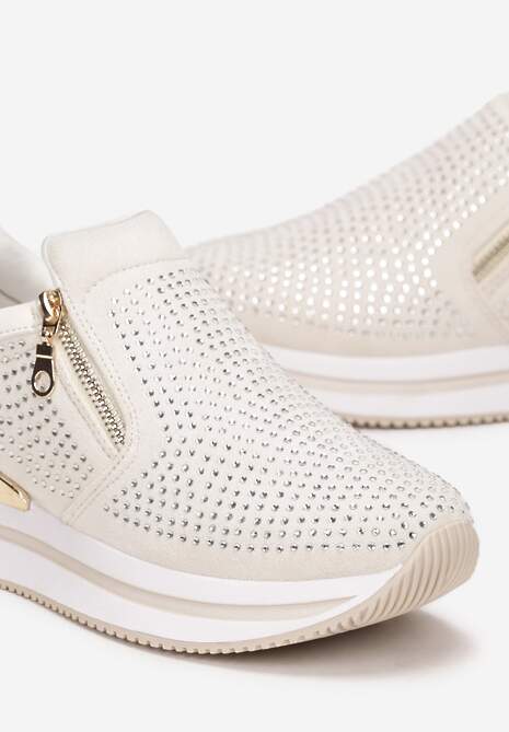 Beżowe Sneakersy z Suwakiem Zdobione Cyrkoniami Jesnila 5