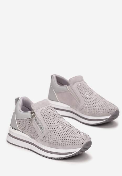 Szare Sneakersy z Suwakiem Zdobione Cyrkoniami Jesnila 4