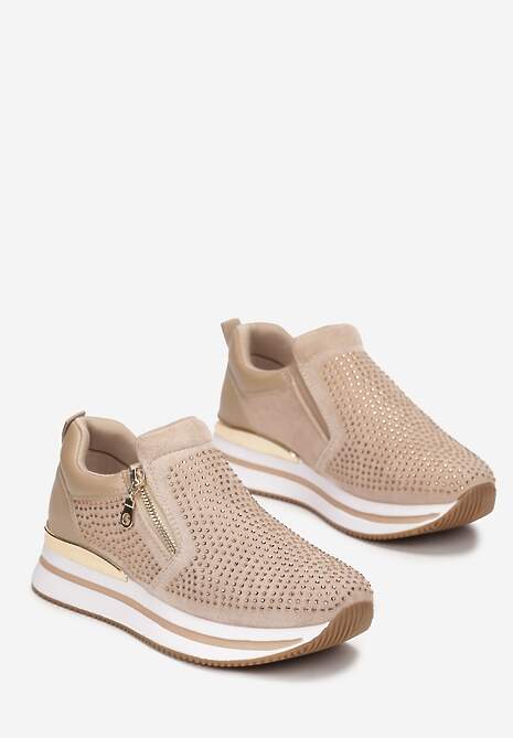 Ciemnobeżowe Sneakersy z Suwakiem Zdobione Cyrkoniami Jesnila 4