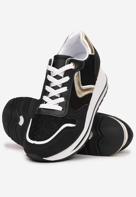 Czarno-Złote Sznurowane Sneakersy na Podeszwie z Koturnem Isies 4