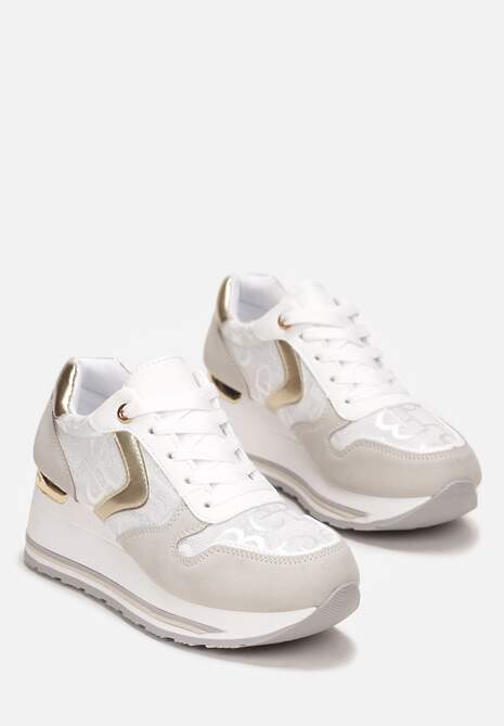 Biało-Złote Sznurowane Sneakersy na Podeszwie z Koturnem Isies 4